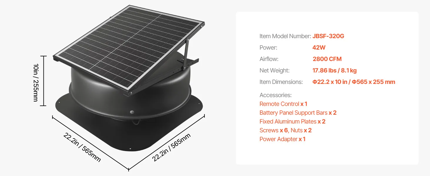 Solar Roof Fan, 42 W, 2800 CFM Large Air Flow Solar Roof Vent Fan, Low Noise and Weatherproof with Smart Adapter, Ideal for Home, Greenhouse, Garage, Shop, RV, FCC